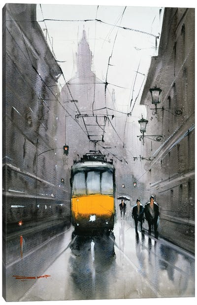 A Rainy-Day Ride On Streetcar Canvas Art Print - Swarup Dandapat