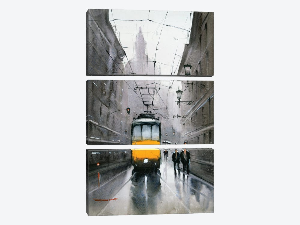 A Rainy-Day Ride On Streetcar by Swarup Dandapat 3-piece Canvas Art Print