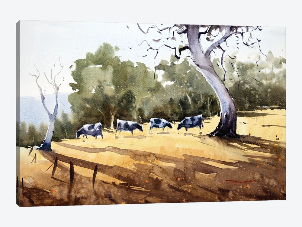 Cows Grazing In The Village Fields by Swarup Dandapat 1-piece Canvas Art