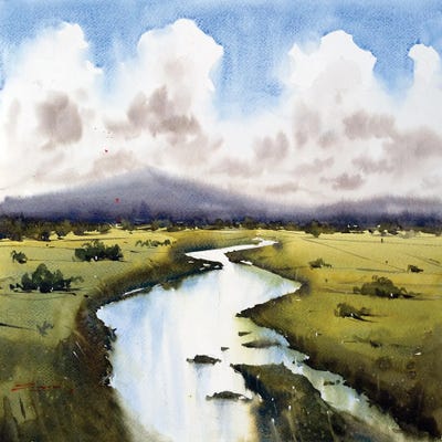 River Across The Green Meadow by Swarup Dandapat multi panel art