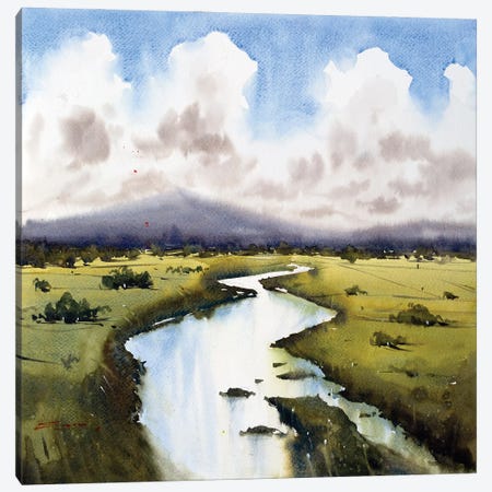 River Across The Green Meadow Canvas Print #SDP27} by Swarup Dandapat Canvas Art Print