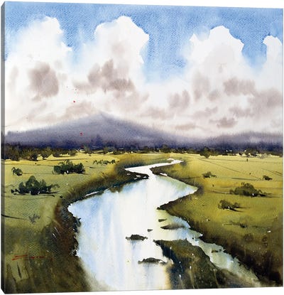 River Across The Green Meadow Canvas Art Print
