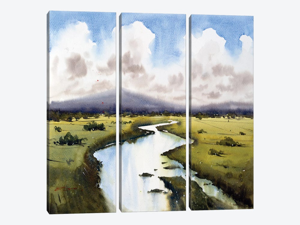River Across The Green Meadow by Swarup Dandapat 3-piece Canvas Wall Art