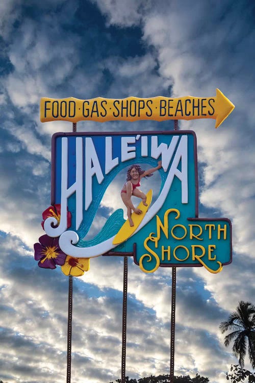 Haleiwa Sign Woman Clouds by Sean Davey wall art