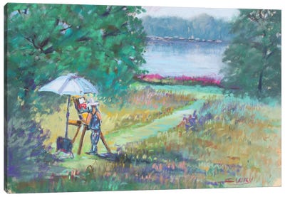 Painter In The Field Canvas Art Print - Artist