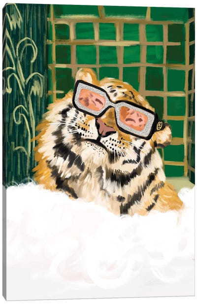 Bubble Bath Tiger In Gucci Glasses Canvas Art Print - Fashion Art