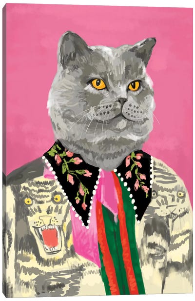 Pink Cat In Gucci Canvas Art Print - British Shorthair Cat Art