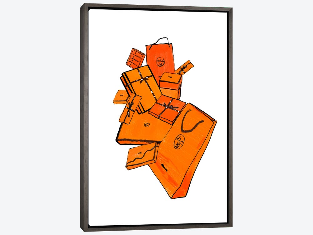 Framed Canvas Art (Gold Floating Frame) - Orange Hermes Bags by SKMOD ( Fashion > Fashion Brands > Hermès art) - 26x18 in