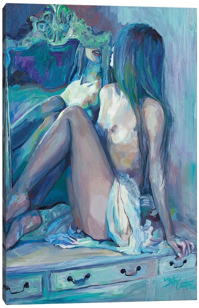 Vanity Mirror And Nadia Canvas Art Print - Bathroom Nudes Art