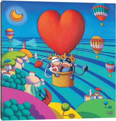 Bull & Cow Newlyweds In A Hot Air Balloon Canvas Art Print - Hot Air Balloon Art