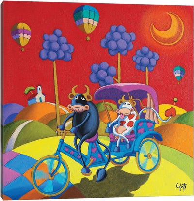 Bull & Cow Newlyweds On A Bicycle Canvas Art Print - Stefano Calisti