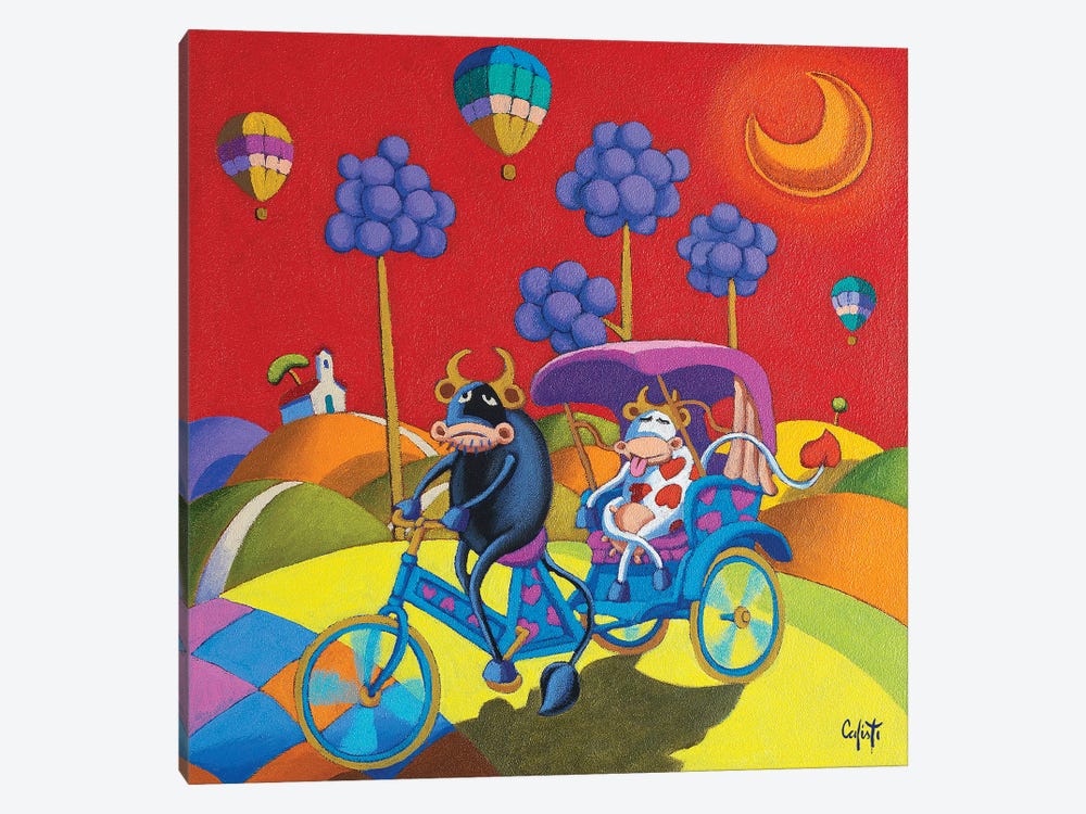 Bull & Cow Newlyweds On A Bicycle by Stefano Calisti 1-piece Art Print
