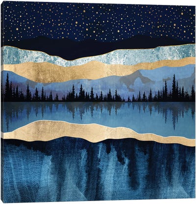 Midnight Lake Canvas Art Print - Blue & Gold Art