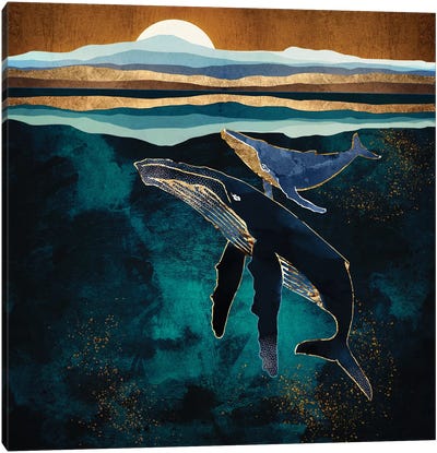 Moonlit Whales Canvas Art Print - Sea Life Art