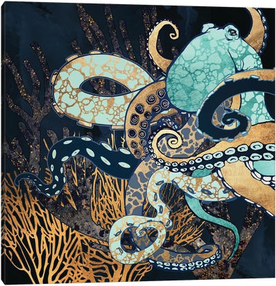 Metallic Octopus II Canvas Art Print - Pantone 2020 Classic Blue