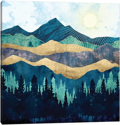 Blue Forest Canvas Art Print - Gold & Teal Art