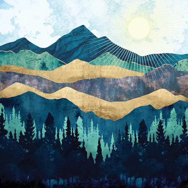 Gold Abstract Art: Blue Forest by SpaceFrog Designs