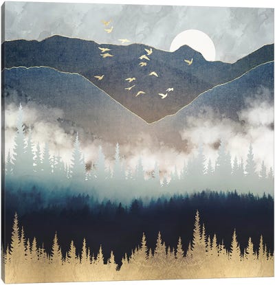 Blue Mountain Mist Canvas Art Print - Blue & Gold Art