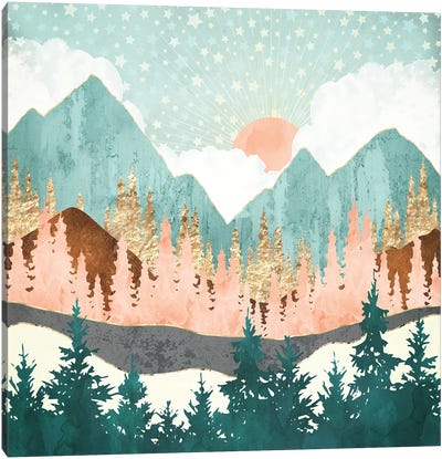 Winter Forest Vista Canvas Art Print - Mountain Sunrise & Sunset Art