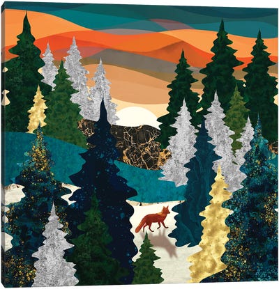 Amber Fox Canvas Art Print - Pine Trees