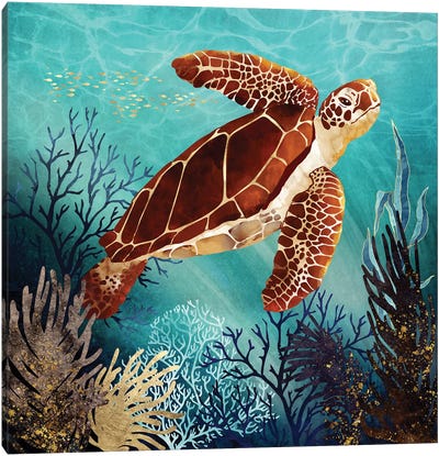 Metallic Sea Turtle Canvas Art Print - Gold Art