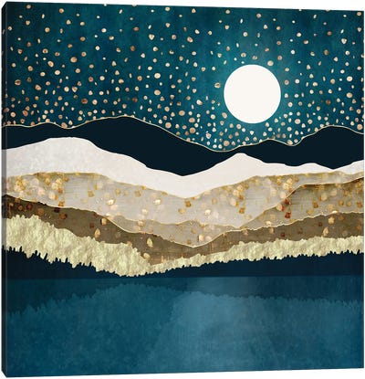 Starlit Mountain Lake Canvas Art Print - Gold & Teal Art