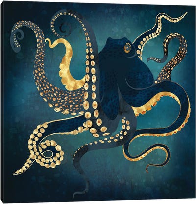 Metallic Octopus Iv Canvas Art Print - Blue & Gold Art