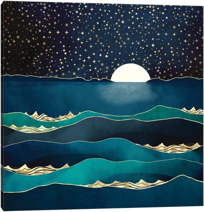 Moonlit Stars Canvas Art Print - Blue & Gold Art