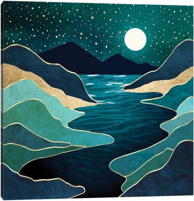 Moon Water Vista Canvas Art Print - Gold & Teal Art