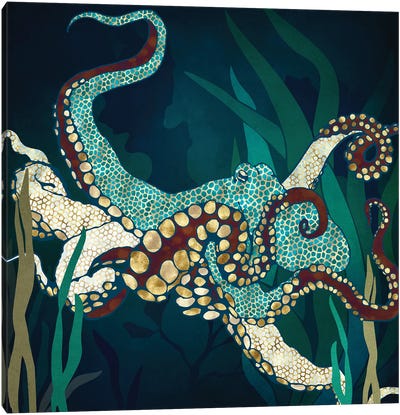 Metallic Octopus V Canvas Art Print - Gold & Teal Art
