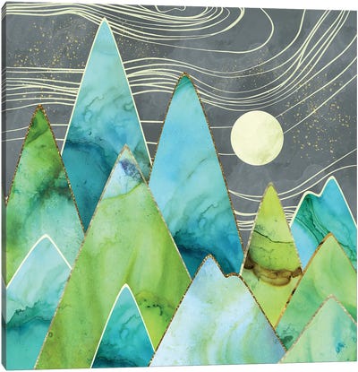 Moonlit Mountains Canvas Art Print - Blue & Green Art