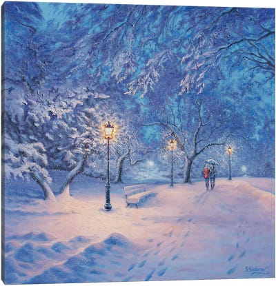 In The Streetlights's Warm Glow Canvas Art Print - Snowscape Art