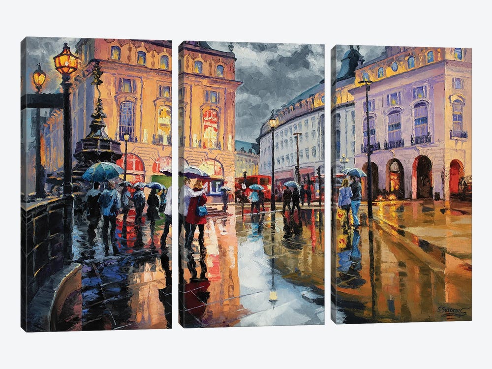 A Rainy Outing At Piccadily Circus by Sidorov Fine Art 3-piece Art Print