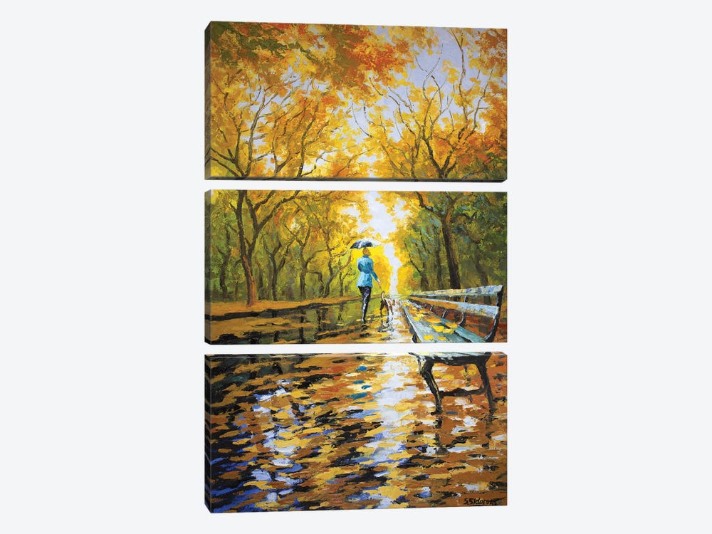 Walking The Dog Autumn Alley by Sidorov Fine Art 3-piece Canvas Art