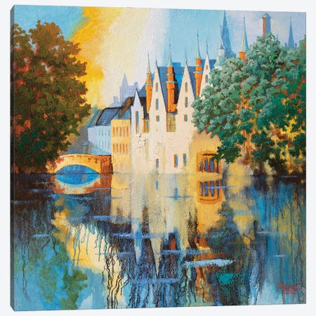 Evening Light. Canal In Bruges Belgium Canvas Print #SFI78} by Sidorov Fine Art Art Print
