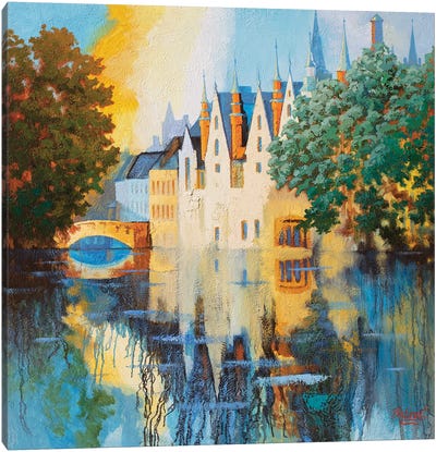 Evening Light. Canal In Bruges Belgium Canvas Art Print - Belgium