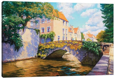Bright Sunny Day. Canal In Bruges. Canvas Art Print - Sidorov Fine Art