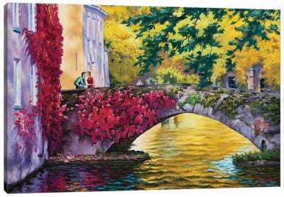 Rendezvous On The Bridge. Canal In Bruges. Canvas Art Print