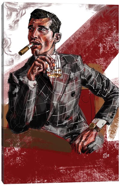 Cigar & Whiskey Canvas Art Print - Black, White & Red Art