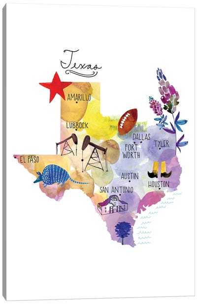 Map Of Texas Canvas Art Print - American Décor