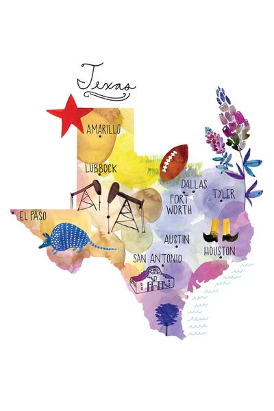 Kids Map Art: Map Of Texas by Sara Franklin