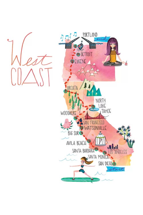 West Coast Trip Map by Sara Franklin wall art