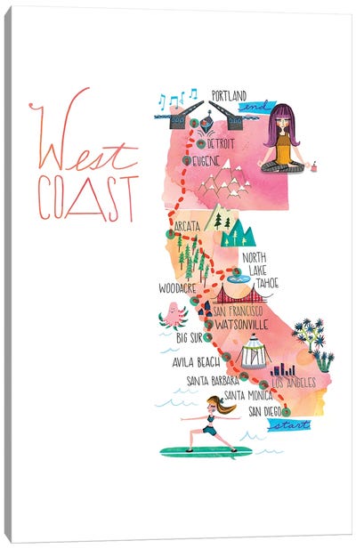 West Coast Trip Map Canvas Art Print - Kids Map Art