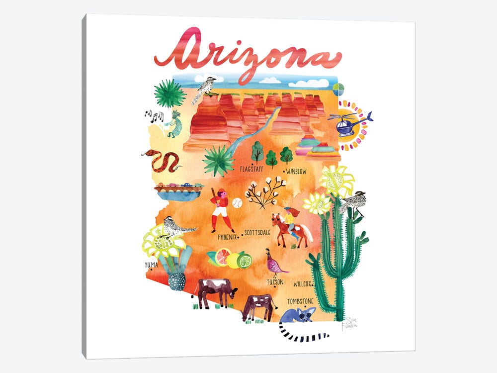 Arizona Map by Sara Franklin 1-piece Canvas Art Print