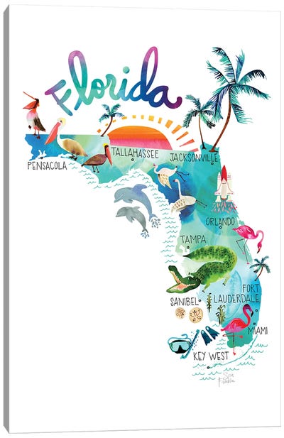 Florida Map Canvas Art Print - Coastal Living Room Art
