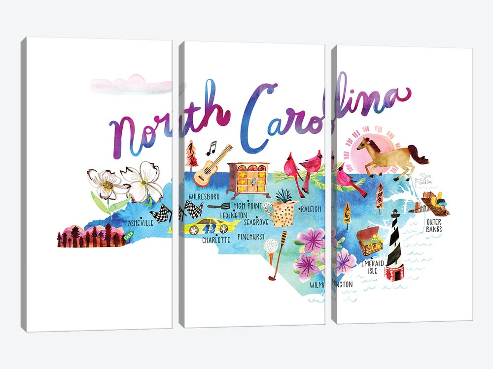 North Carolina Map by Sara Franklin 3-piece Canvas Art Print