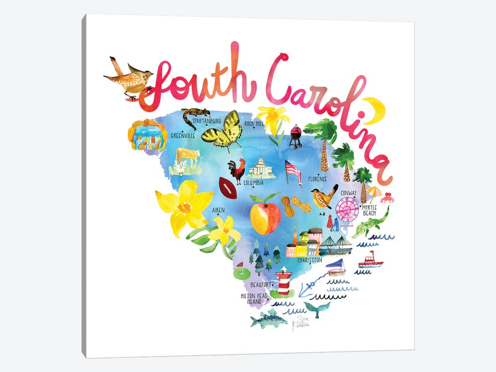 South Carolina Map by Sara Franklin 1-piece Canvas Art