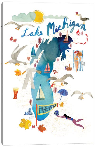 Lake Michigan Map Canvas Art Print - Gull & Seagull Art