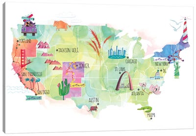 Map Of The US Canvas Art Print - Sara Franklin