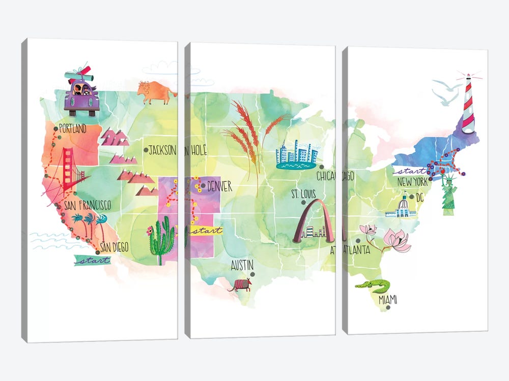 Map Of The US by Sara Franklin 3-piece Canvas Wall Art